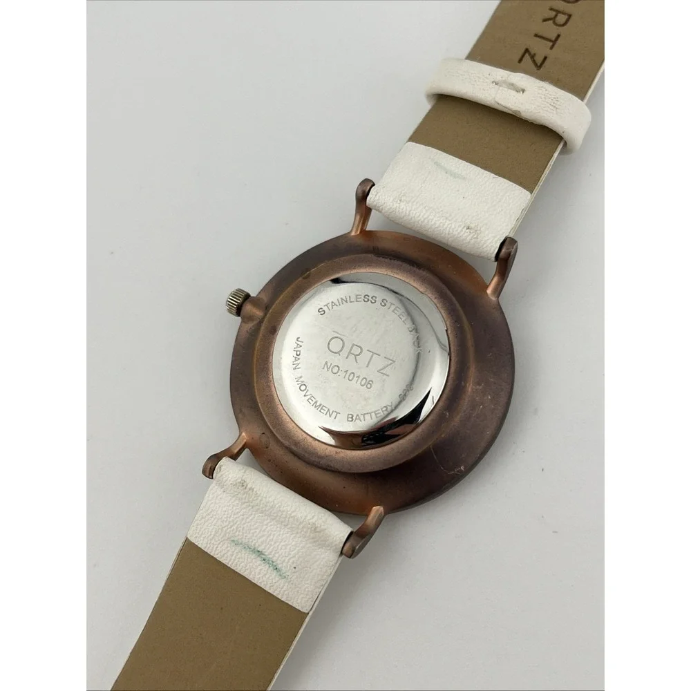 QRTZ Watch Women 36mm Brone Case White Faux Leather Band- New Battery